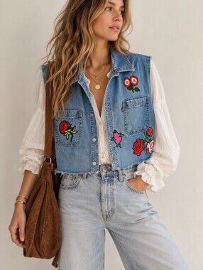 OOAK Custom Levi’s Floral Embroidered Cropped Denim Vest Size L